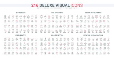 Ekommerce, web hizmetleri ve mobil uygulamaların siber güvenliği, algoritma satırı simgeleri ayarlandı. Artırılmış gerçeklik, büyüyen ve gelişen ağlar ince siyah ve kırmızı ana hatlar vektör gösterimi