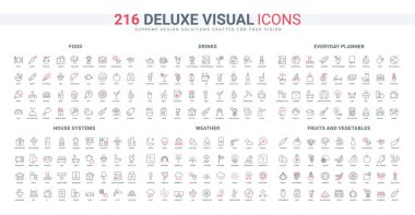 Yiyecek ve içecek menüsü, hava tahmini arama ve konum çizgisi simgeleri ayarlandı. Çiftlik sebzeleri ve meyveleri, ev sistemi donanımı ve mobilyaları ince siyah ve kırmızı ana hatlar vektör çizimi