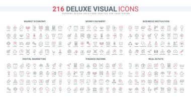 Finansal etkinlik, yatırımların korunması ve tasarruf çizgisi simgeleri belirlendi. Dijital pazarlamada grup analizi. İnce siyah ve kırmızı ana hat sembolleri.