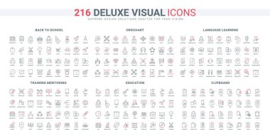 Şirket organizasyonu, eğitim ve akıl hocalığı, dil eğitimi, beceri büyüme çizgisi simgeleri. Araştırma ve kontrol listesinin pano kayıtları ince siyah ve kırmızı ana hatlar vektör gösterimi