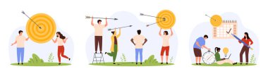Hedefe doğru atış, başarılı iş hedefi ve zorluklarda ilerleme. Hedefi tutturmak için ok tutan küçük insanlar. Büyüme çizelgesi çizimi planlamak için büyük bir takvim ve zamanlayıcıyla çalışıyorlar.
