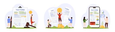 Vergi formu doldurma, vergi indirimi, muhasebe hizmeti seti. Küçük insanlar mobil uygulama içinde finansal harita raporlarını araştırıyorlar, ödemeleri azaltmak için fatura belgesini kesiyorlar.