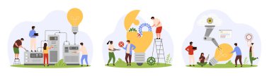 Teknik çözümler ve yenilikler, dijital proje ve içgörü seti. Küçük insanlar parlak bir ampul tasarlamak için akıllı fütürist makine ve robotla çalışırlar, vites çizimi ile lambayı açarlar.
