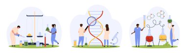 Kimya ve genetik laboratuvarı araştırma seti. Küçük insanlar kimyasal maddeleri ölçekte tartarlar, büyüteçle DNA moleküllerini incelerler, laboratuvar karikatür vektör çizimi için ocaktaki ısı tüplerini incelerler.