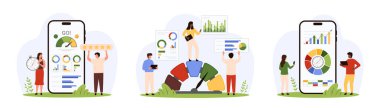 Mobil uygulama setinin gösterge panelindeki veri tablosu analizi. Küçük insanlar, online platformdaki pazarlama performansının finansal grafik büyümesini ve diyagramını kontrol ediyor, karikatür vektör illüstrasyonunu analiz ediyorlar.