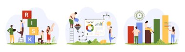 Mali yatırım seti için güvenlik analizi ve değerlendirme. Küçük insanlar Risk metniyle küp kulesini ölçer, kararı filtreyle paraya çevirir, ayarlar çizgi film vektör illüstrasyonuyla çalışır