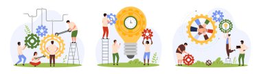 Etkili işbirliği, akıllı ürün ve yazılım geliştirme setinin teknik desteği. Küçük insanlar dişli tekerlek ve ampul motorlarını tamir eder. Çizgi film vektör illüstrasyonunun içindeki ekipmanların elleri ile hareket eder.