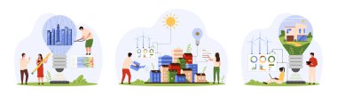 Çevre dostu şehir seti için yeşil enerji projesi. Küçük insanlar çevreyi ampulün içinde evleri, binaları, güneş panelleri ve rüzgar türbinleri olan kentsel manzarası olan karikatür vektör çizimleri ile koruyorlar.