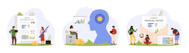 Mali rapor analizi, muhasebe ve AI ile denetim ayarlandı. Küçük insanlar dijital veri endeksi, grafik ve bütçe istatistikleri ile çalışırlar, danışmanlar ekonomik strateji çizimi çizimi çizimi planlarlar
