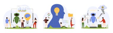 Al, makine öğrenme, otomasyon seti. Küçük insanlar robot tasarımı için robot kol ve dijital beyinle çalışıyorlar ve yapay zeka karikatür vektör çizimi ile birlikte yazılım kodu geliştiriyorlar.