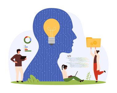 Yapay zeka, makine öğrenme, yazılım geliştirme. Küçük insanlar algoritma ve kodlarla, nöral devrelerle ve yapay beynin içindeki ampullerle insan kafasının soyut karikatür çizimi ile çalışırlar.