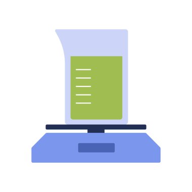 Elektronik ölçeklerde yeşil sıvı bulunan cam şişe, kimyasal laboratuvar ekipmanları illüstrasyonu