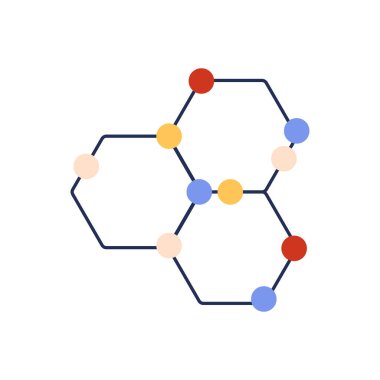 Kimyasal bileşiğin yapısı, farklı renk vektör illüstrasyonunun atomlarına sahip soyut altıgen