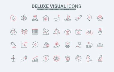 Yeşil enerji üretiminin geliştirilmesi, CO2 emisyonlarının çevre çizgisi simgelerine indirgenmesi. Sıfır karbon teknolojisi, akıllı ev, elektrikli araba ince siyah ve kırmızı semboller, vektör illüstrasyonu