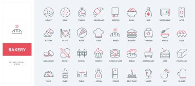 Pastane elemanları, fırın ve aşçı aletleri çizgisi simgeleri. Doğum günü pastası ve kek, kahvaltı için ekmek ve çörek, kruvasan ve bisküvi ince siyah ve kırmızı ana hatlar vektör çizimi