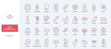 Diyet çizgisi simgeleri ayarlandı. Besin ve içecek pişirme, gıda ve içecek için sağlıklı besin, terazi ve mutfak ekipmanları, ince siyah ve kırmızı çizgili semboller vektör çizimi için vitamin ve besin maddeleri