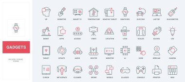 Yapay zeka çizgisi simgeleri kullanan akıllı ekipmanlar. Telefon ve tablet mobil uygulamaları, video ve ses elektronik cihazları için erişim ve veri güncellemesi ince siyah ve kırmızı ana hatlı vektör çizimi