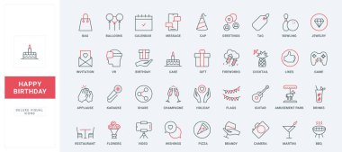 Doğum günü partisi çizgisi simgeleri hazır. Eğlenceli müzik ve karaoke, tatil, yemek ve pasta daveti, restoran kokteylleri ve sosyal selamlar ince siyah ve kırmızı ana hatlar vektör ilüstrasyonları