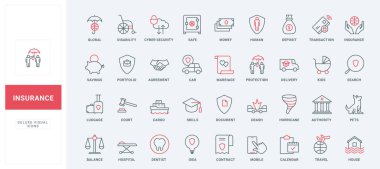 Sigorta servisi simgeleri ayarlandı. İnsan ve hayvan sağlığı ve yaşam için güvenlik kalkanı, araba kazası ve sakatlıktan korunma, hastanenin ince siyah ve kırmızı çizgili sembolleri vektör ilüstrasyonu