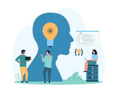 Yapay zekayla programlama, makine öğrenme. Kodlama yazılımı ve mühendisliği içinde devresi ve ampulü olan küçük insanlar ve dijital beyin, programcıların otomasyonu karikatür vektör ilülasyonudur.