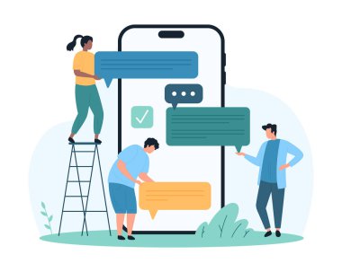 Sohbet mobil telefon uygulamasında çevrimiçi konuşma. SMS 'in dijital metnini göndermek ve akıllı telefon ekranı çizim çizimi üzerinde arkadaşlarıyla konuşmak için haberci konuşma baloncukları tutan küçük insanlar