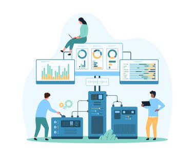 Bilgisayar sisteminde bulut veri depolama, sunma, veri işleme ve dosya analizi. Çizelgeleri ve iş akışı şemalarını izleyen küçük insanlar, çevrimiçi karikatür vektör çizimleri ile çalışan ekipmanlar