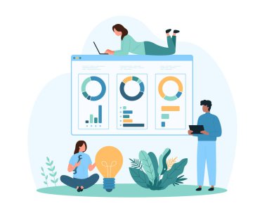 Yaratıcı çözüm için veri analizi ve görselleştirme. Küçük insanlar beyin fırtınası yapar ve analizler için çember bilgi diyagramı ve çizelgesi ile çalışır, iş stratejisi çizimi çizimi çizer.