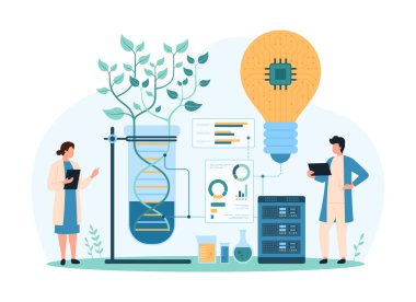 Dijital proje ve biyoteknoloji üzerine genetik araştırma. Laboratuvar deneyinde DNA sarmalından yeşil bitki yetiştiren küçük insanlar. Ampul karikatür çizimi olan fürist bilimsel ekipmanlar.