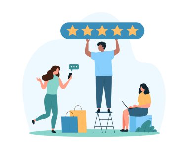 Müşteriler mağazadaki alışverişleri gözden geçirir, müşteriler araştırma hizmetlerinde deneyim kazanır. Beş yıldızlı tabela tutan küçük insanlar, alışveriş çantalı müşteriler, mağaza satışları çizgi film çizimleri için hediyeler alıyorlar.