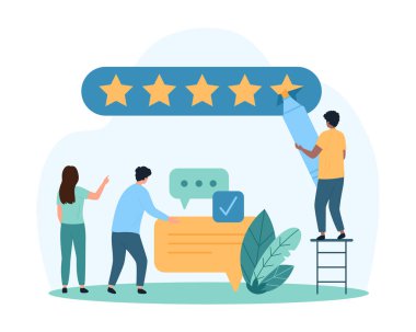 Müşteri değerlendirmesi, memnuniyet anketi, müşteri hakkındaki olumlu görüşler. Küçük insanlar işaretli beş yıldız çizer, iyi yorumlar yapar ve sosyal medya karikatür vektör illüstrasyonunu sever.