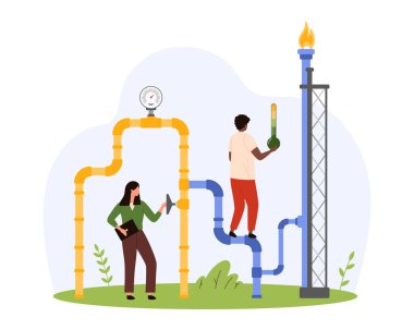 Doğal gaz boru hattı denetimi. Küçük insanlar boruların ve vanaların güvenliğini, bitki sistemi basıncını, mühendisleri ve işçileri gaz akışını kontrol ediyor.