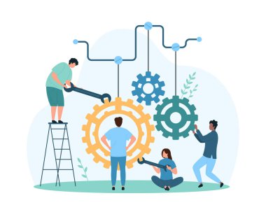 Makine ayarları, donanım yapılandırması. Profesyonel teknik bakım servisinin küçük insanları motor mekanizmasının dişli dişlileri ve çizgi film çizimi çizimleri.