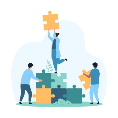 İş kurma ve işbirliği, başarılı takım çalışması beyin fırtınası. Yapboz parçalarına bağlanmak için kayıp yapboz parçasını tutan küçük insanlar, sendika karikatür vektör ilülasyonundaki karmaşık problemi çözmek için