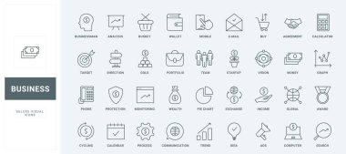 Para koruma ve muhasebe, küresel eğilimin grafikler, anlaşma ve iletişim yoluyla izlenmesi ve analizinin ana simgelerini sırala. İş ince siyah ve kırmızı çizgi simgeleri vektör illüstrasyonunu ayarlar
