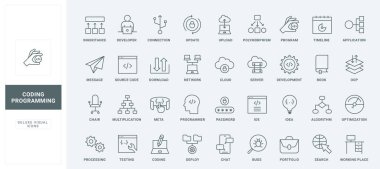 Workflow and tools of programmer, algorithm and bug search, application optimization and management thin black and red outline symbols, vector illustration. Program code development line icons set clipart