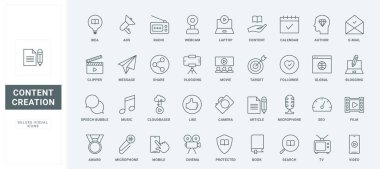 Online makaleler, video filmler üretmek ve paylaşmak için yazarların fikirlerinin yaratıcı sembollerini özetleyin. Bloglama için yazılım ve hizmetler, içerik oluşturma ince siyah ve kırmızı çizgi simgeleri vektör illüstrasyonunu ayarlar