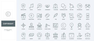 İçerik oluşturma ve hikaye anlatma, müzik lisansı, video ve çevrimiçi oyunlar ince siyah ve kırmızı semboller vektör illüstrasyonu. Ticari marka, patent ve fikri mülkiyet koruma hattı simgeleri belirlendi