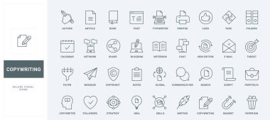 Makaleler yazmak için yazarlar kalem ve daktilo, blog takipçileri ve geri bildirim çekmek için mıknatıs, ince siyah ve kırmızı ana hatlar için yeni fikirler, vektör illüstrasyonu. Telif hakkı simgeleri ayarlandı.