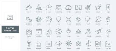 Sosyal medyada promosyon blogu ve iş büyümesi için e-posta reklamları, piyasa yapısı araştırmaları ve takvimdeki plan, ince siyah ve kırmızı ana hatlı semboller, vektör illüstrasyonları. Dijital pazarlama çizgisi simgeleri belirlendi.