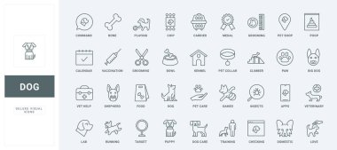 Veterinerlerin yardım ve eğitim sembolleri, aşı takvimi ve köpek yavrusu çipi, kazananların pençesi ve madalyası, veterinerlerin resimli fotoğrafları. Köpek bakımı ince siyah ve kırmızı çizgi simgeleri vektör illüstrasyonunu ayarlar