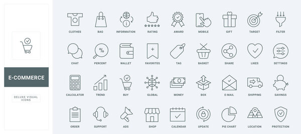 Очертания символов рекламы в магазинах, онлайн-покупки по продажам на рынке и в интернет-магазине, оплата и доставка, отзывы клиентов. Иконки тонкой черной и красной линий электронной коммерции устанавливают векторную иллюстрацию