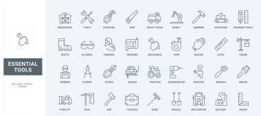 Güvenlik çizmeleri ve gözlük sembolleri, işçi alet çantası, donanım ve el aletleri ince siyah ve kırmızı çizgili vektör çizimi. İnşaat araçları ve dişliler, servis hattı simgeleri ayarlandı