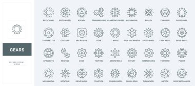 Saat mekanizması veya bisiklet dişlisi, fabrika makinesi ve ekipman çember çarkı için tekerlek koleksiyonu. Dişliler ve dişliler ince siyah ve kırmızı çizgi simgeleri vektör illüstrasyonunu ayarlar