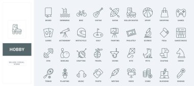 Hafta sonu aktivitelerinin ve yaşam tarzının, müzik ve yoganın, eğlence ve seyahatin, ince siyah ve kırmızı çizgili vektör çiziminin sembolleri. Hobi, spor ve eğlence çizgisi simgeleri ayarlandı