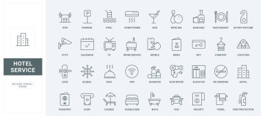 Konfor odası ve pansiyon, resepsiyon bilgisi ve anahtar, taksi ve yüzme havuzu ince siyah ve kırmızı ana hatlar, vektör çizimi. Otel servisi, konukseverlik hattı simgeleri ayarlandı