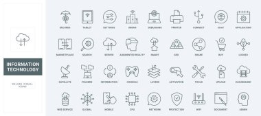 Ana hatlarıyla dijital ağ koruması ve bulut bağlantı piktogramları, internet ev sahipliği hizmeti, sunucu erişimi ve ayarları. Veri teknolojisi ince siyah ve kırmızı çizgi simgeleri vektör illüstrasyonunu ayarlar