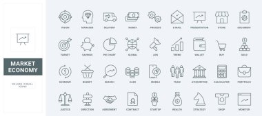 Taslak finans sunumu ve pazarlama sembolleri, ortaklar ve portföy ile anlaşma, tasarruflar. Ticari iş stratejisi, piyasa ekonomisi ince siyah ve kırmızı çizgi simgeleri vektör illüstrasyonunu ayarlar