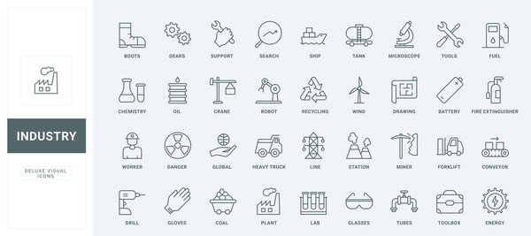 Контурная символика оборудования и инструментов безопасности работников из ящика технического обслуживания, грузовика, резервуара и доставки судна. Промышленность, инспекция труда тонкие черные и красные линии иконки установить векторные иллюстрации