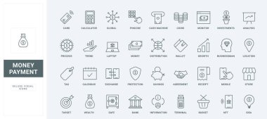 Yatırım ve banka dövizi, cüzdan ve dizüstü bilgisayar, hesap makinesi ve takvim mobil uygulaması için finansal trend analizini özetle. Para ödemesi, ekonomi ince siyah ve kırmızı çizgi simgeleri vektör illüstrasyonunu ayarlar