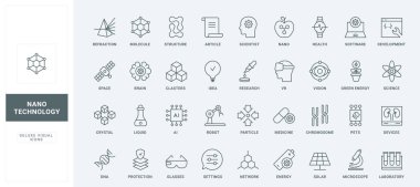 Kromozomların ve moleküler yapının laboratuvar araştırması, kimyasal sıvı ve beyin, kimya laboratuarı yeniliği ince siyah ve kırmızı çizgili semboller, vektör çizimi. Nanoteknoloji çizgi simgeleri ayarlandı